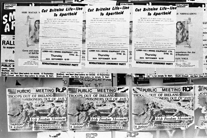 Sheffield flyposters, 1985; including the Revolutionary Communist Party and the Irish Freedom Movement